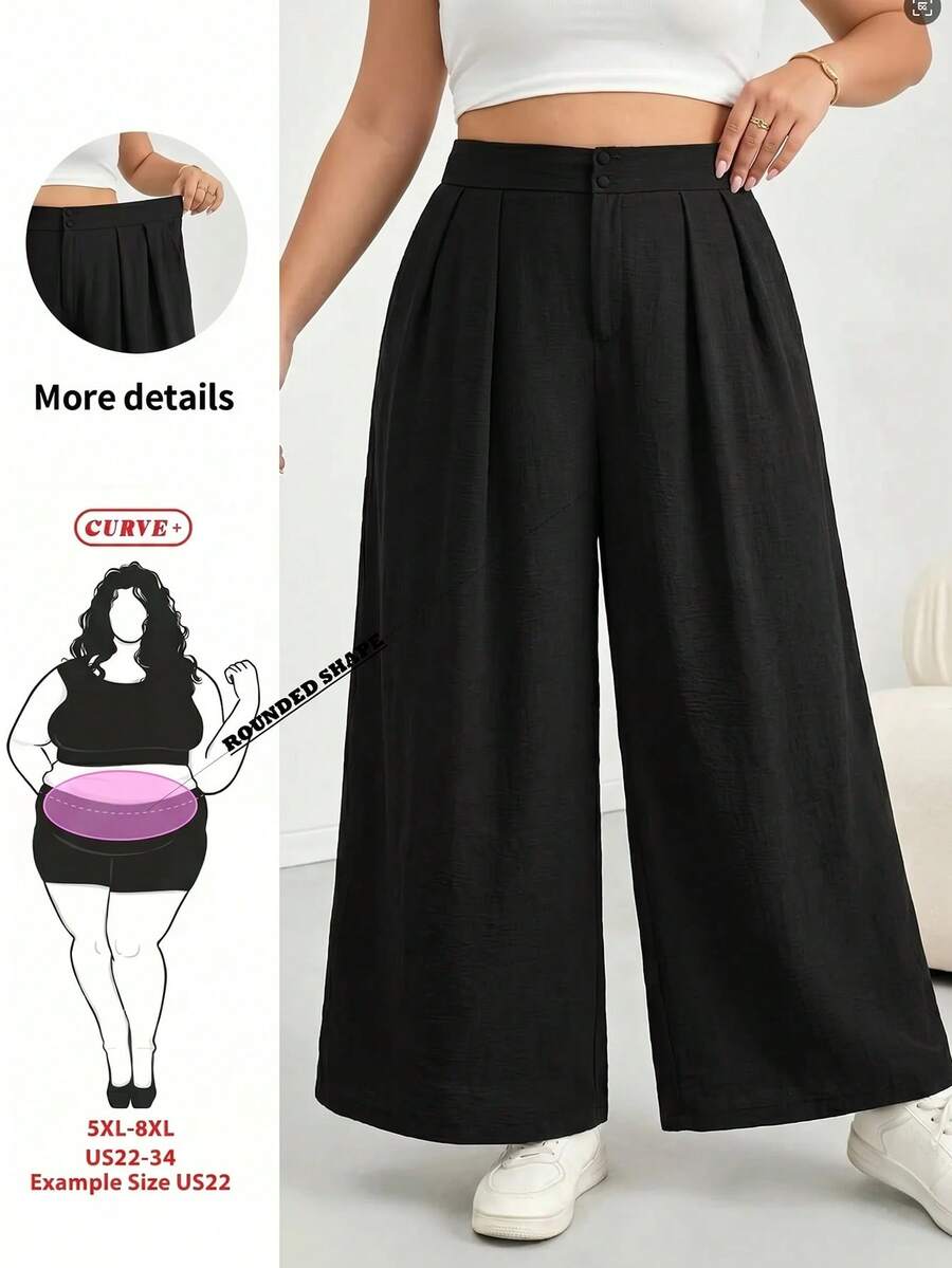 SHEIN CURVE+ Curves 大尺碼女款辦公穿搭,黑色高腰直筒休閒長褲,簡約時尚,適合日常穿著 - 黑色 - 查看 1