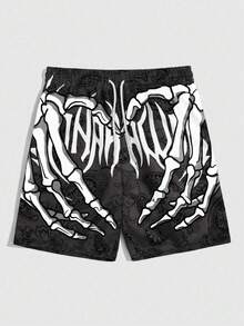 ROMWE MEN Plus Size Men's Double Layer Casual Sports Skull Hand Print Shorts - Multicolor - View 1