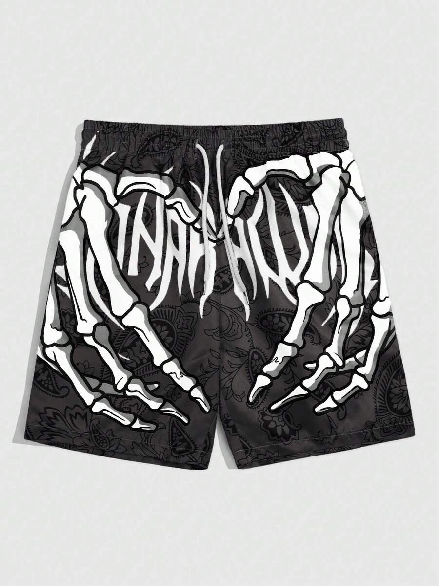 ROMWE MEN Plus Size Men's Double Layer Casual Sports Skull Hand Print Shorts - Multicolor - View 1