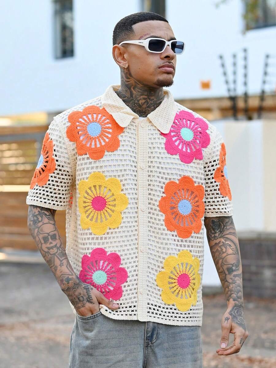 Devon Thys Men's Sexy Floral Crochet Semi-Sheer Short Sleeve Knit Top, Summer Holiday Style - Multicolor - View 1