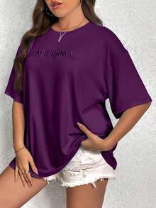 Shapeblank Kaos Plus Size Motif Huruf Bordir Bahu Jatuh Ukuran Besar untuk Anak Perempuan Warna Ungu - Violet Purple - View 4
