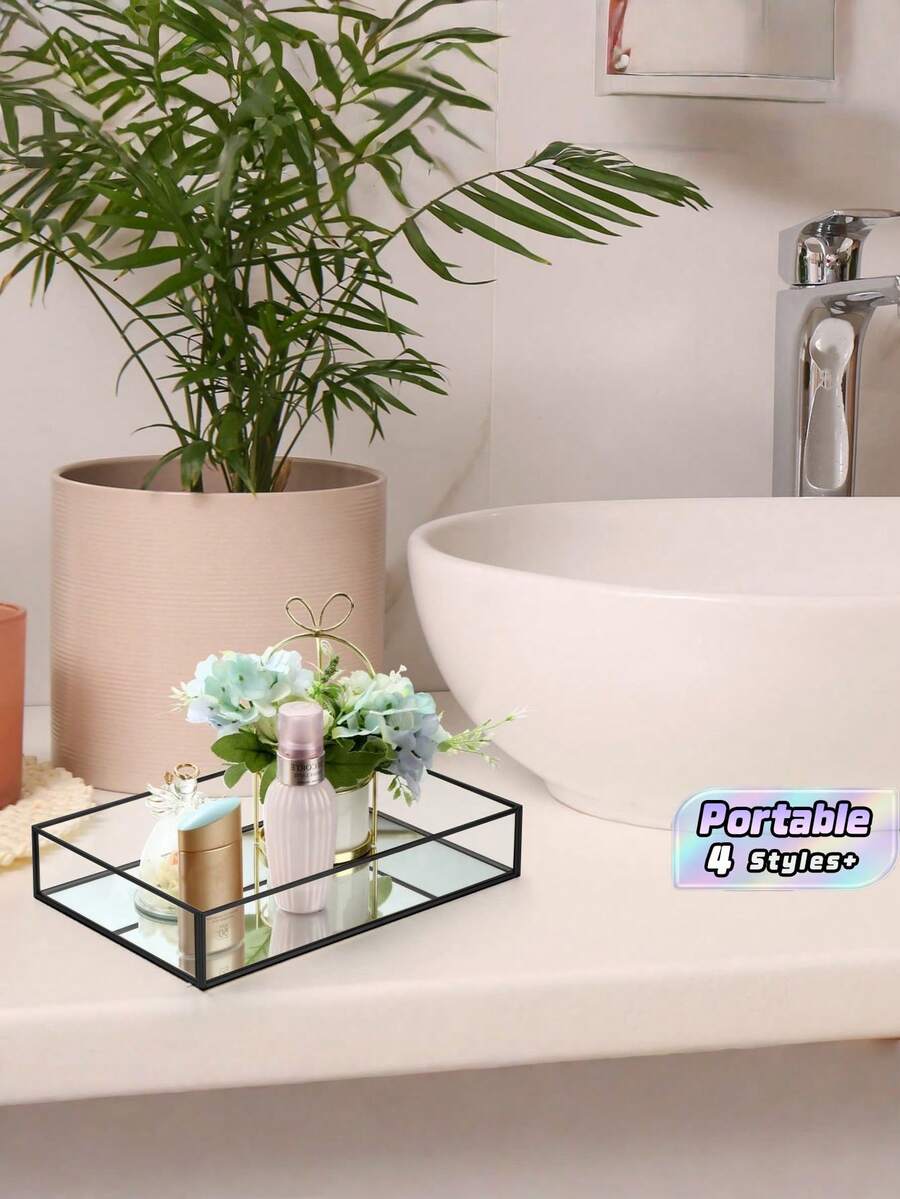 Black Octagon Mirror Glass Makeup Vanity Tray For Hotel Bathroom Bedroom, Retro Hex Embossed Glass Coasters With Golden Brass Edging, Anti-Slip Dining Table Trinket Pads. - black - View 1