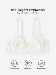 LUVLETTE Plus Daisy Embroidered Elegance Lingerie Lounge Curve Full Coverage Breathable Unlined Floral Lace White Sheer Minimizer Mesh Bridal Intimates Bra - White - View 7