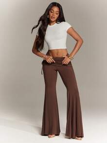 Denimoi Fold Over Waist Flare Pants Summer Outfits Euro Summer Vacation Fashion Bottoms Fashion Pants - Brown - View 4