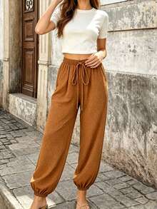 SHEIN PariChic French Boho Casual Brown And White Polka Dot Swiss Dot Lantern Pants Elastic Waist Cuffed Loose Autumn Brunch Vacation - Coffee Brown - View 6