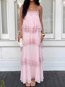 Lumalex Spring/Summer New Chiffon Ruched Contrast Lace Adjustable Strap Backless Dress - Baby Pink - View 6