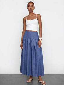 Maija 女款純色抓皺腰褶皺休閒牛仔波希米亞通勤裙，適合早午餐與度假，藍色，秋季 - 藍色 - 查看 4