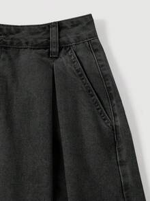 SHEIN MOD 女款鈕扣百褶休閒百搭牛仔裙，日常度假穿搭 - 黑色 - 查看 5