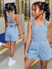 SHEIN 少女夏季海滩波西米亚风酷炫街头风水洗连体裤，交叉露背设计，少女夏季海滩波西米亚风度假装，返校街头风穿搭，少女演唱会锐舞休闲装 - 淺色水洗藍 - 查看 1