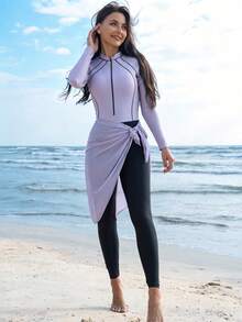 SHEIN Swim 女款拉鍊半開襟長袖上衣搭配修身長褲與綁帶迷你裙泳裝套裝 - 紫色 - 查看 1