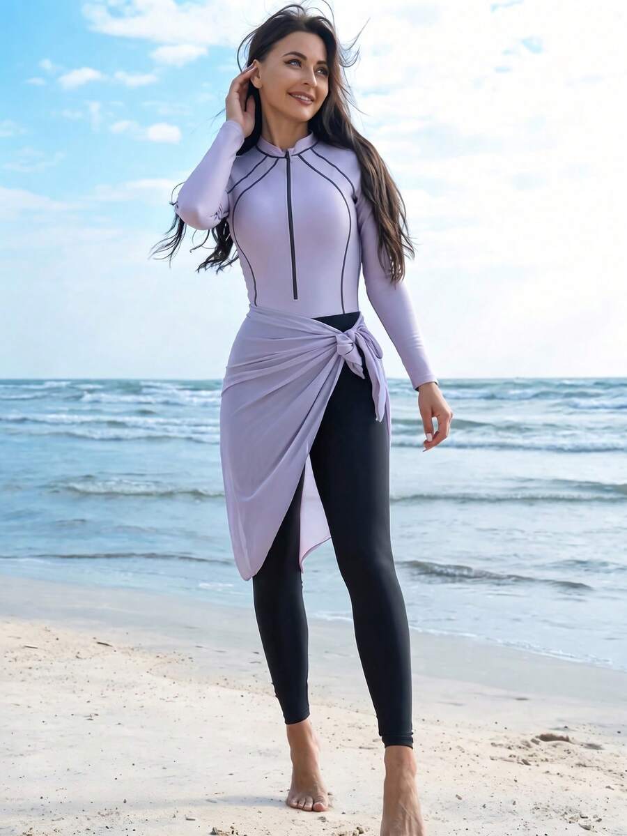 SHEIN Swim 女款拉鍊半開襟長袖上衣搭配修身長褲與綁帶迷你裙泳裝套裝 - 紫色 - 查看 1