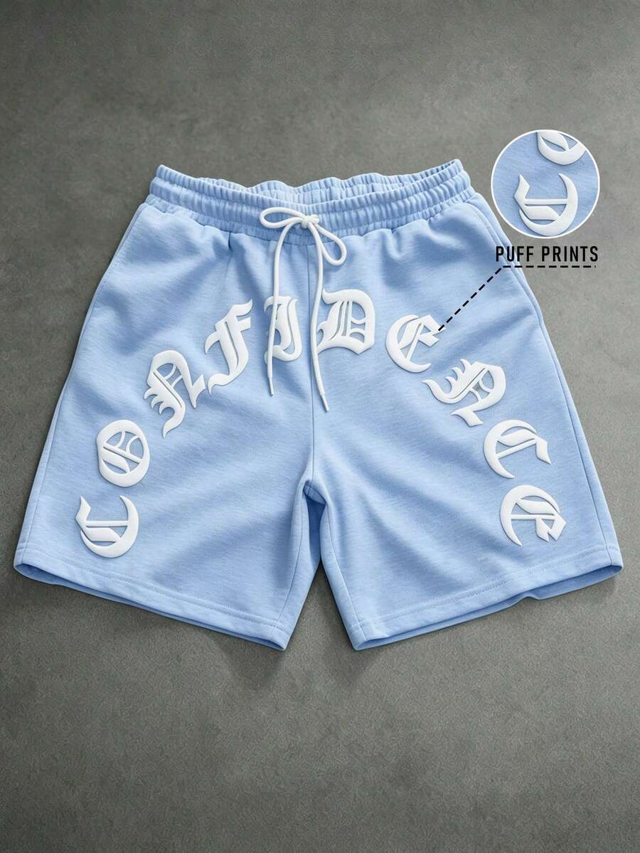 SLATEMANN 男士夏季休閒字母印花短褲 - 淺藍色 - 查看 1