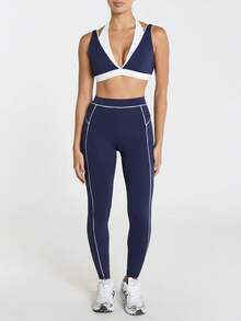 11SKNDS Sport-Leggings mit hoher Taille und weißem Kontrastpaspel-Detail, Yoga Laufen Workout Fitness Activewear, squat-proof, figurbetonend - Königsblau - Übersicht 4