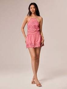 Willow Rêve Women's Pink Embroidered Spaghetti Strap Mini Ruffle Dress, Romantic Vacation Style, Valentine's Day, Boho Style - Pink - View 6