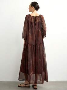 Aalyst Set Gaun Wanita Lengan Raglan Jala Bermotif Bunga dan Gaun Kamisol - Coffee Brown - View 3