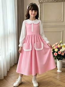 Vestido de niña preadolescente con bloques de color, patchwork y doble bolsillo - Rosa - Ver 9
