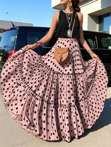 Breezaya French Vintage Pink & Black Polka Dot Layered Full Skirt, 3-Layer Large Panel Patchwork Design With Black Ruffle Trim And Pleated Edging On Each Layer, Voluminous Umbrella-Shaped Hemline For Dramatic Visual Effect, Plus Size Skirt - Pink - View 4