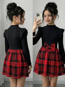 SHEIN Serisse Kids Tween 女童休闲混合格子印花蝴蝶结荷叶边长袖连衣裙，适合圣诞节 - 紅色 - 查看 1