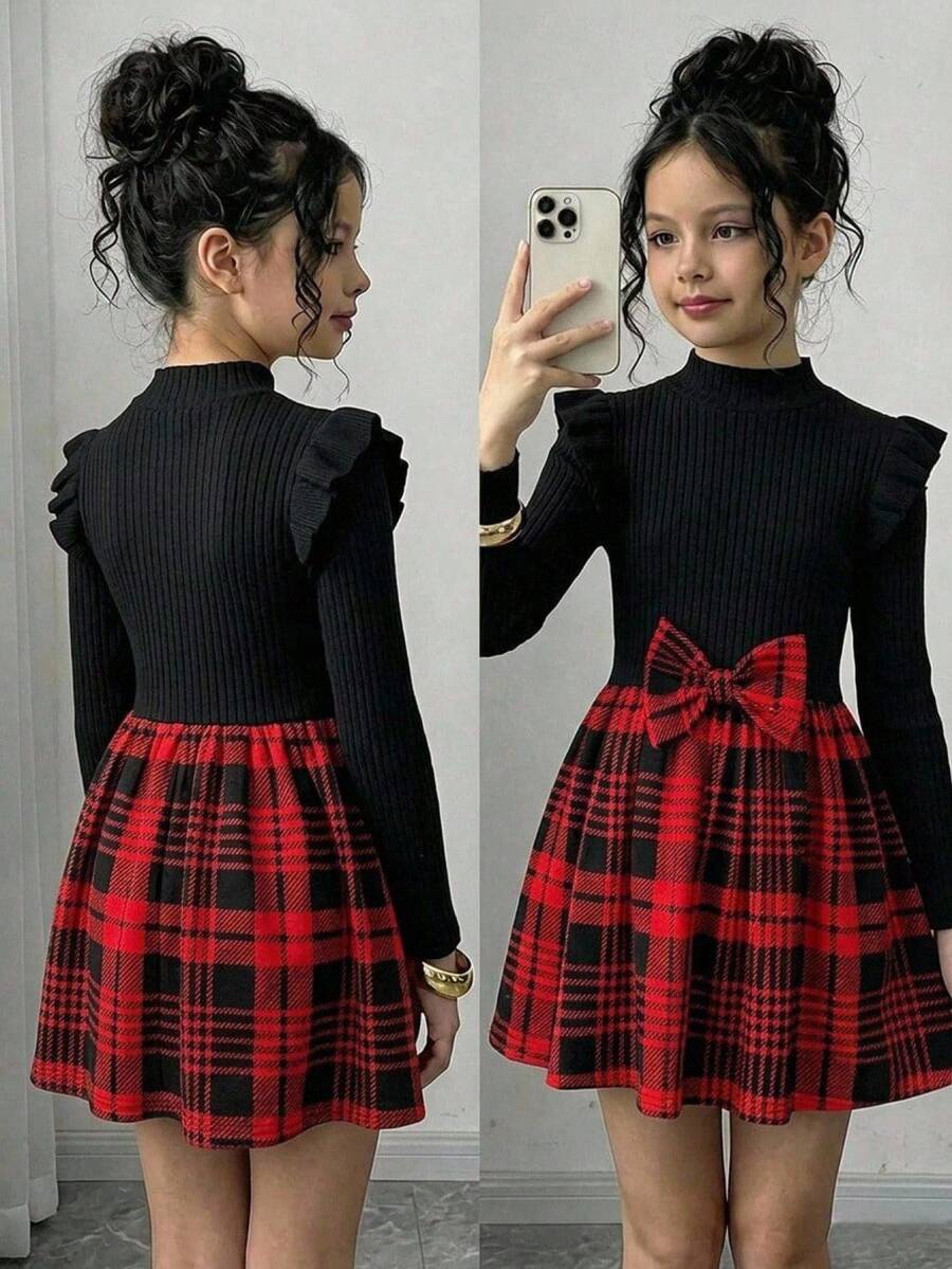 SHEIN Serisse Kids Tween 女童休闲混合格子印花蝴蝶结荷叶边长袖连衣裙,适合圣诞节 - 紅色 - 查看 1
