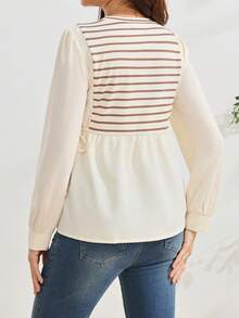 SHEIN Maternity Striped Patchwork Round Neck Long Sleeve Simple T-Shirt Fall - Apricot - View 2
