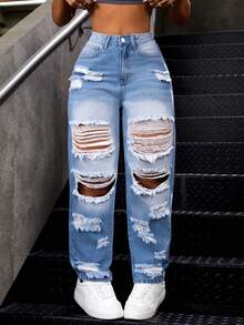 SHEIN PETITE Ladies' Ripped Jeans ,Petite Women - Blue - View 3