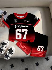 SHEIN Explorewe 2件組 男童街頭風休閒經典黑紅漸層對比條紋滿版印花字母67圖案圓領賽車T恤與配套短褲套裝，韓系街頭時尚，返校穿搭 - 彩色 - 查看 3