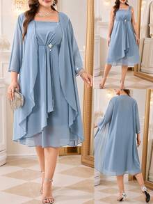 Reflora Plus Size Elegant Party Evening Wedding Guest Rhinestone Decor Solid Color Jacket Dress Dusty Blue Autumn - Blue - View 1