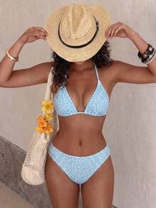SHEIN Swim Set Bikini Seksi Motif Bunga Kecil Warna Biru Muda Terbaru untuk Wanita, Koleksi Musim Panas Terbaru - Baby Blue - View 1