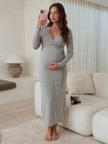 Slowluna Maternity Solid Color Overlap V-Neck Long Sleeve Waist Tie Nursing Dress Fall - Grey - View 4