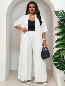SHEIN Lady Plus Size Elegant Solid Color Front Open Short Sleeve Jacket And Drawstring Waist Pants 2-Piece Set, Summer Tea Party Vacation White - White - View 4