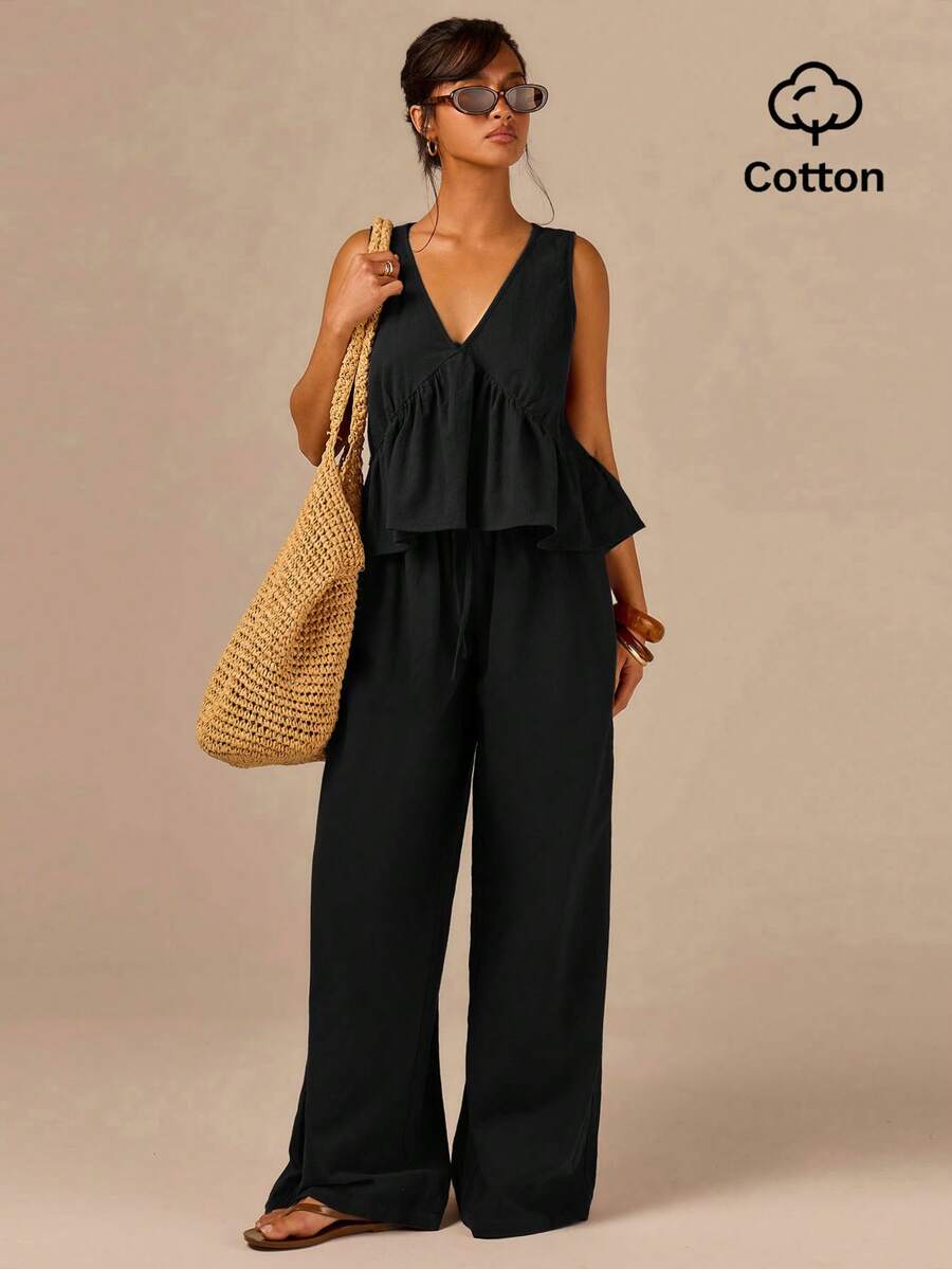 Athîral Women's Vacation Casual Solid Color Tank Top And Long Pants 2 Pieces Set - Black - View 1