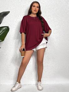 Shapeblank Plus Embroidery Letter Pattern Drop Shoulder Tee Plus Size T Shirt Girls - Burgundy - View 5