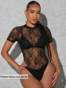 SHEIN SXY 夏季性感透視蕾絲連身內衣 - 黑色 - 查看 1
