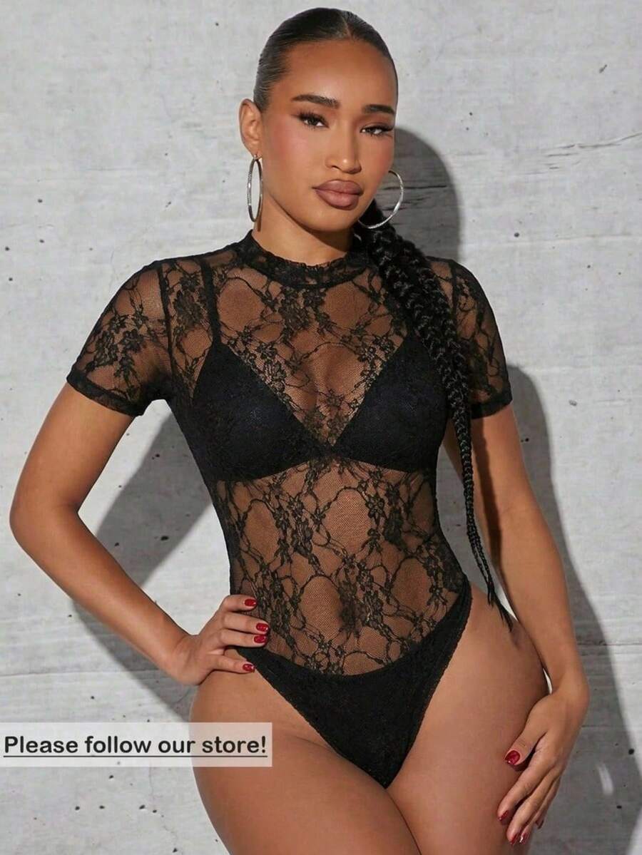 SHEIN SXY 夏季性感透視蕾絲連身內衣 - 黑色 - 查看 1