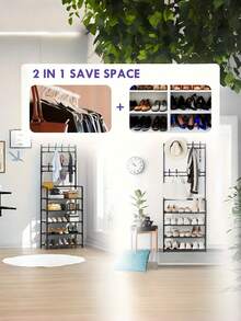 1Pc Multi-Functional 5-Tier Metal Shoe & Hat Storage Rack, 24 Inch Freestanding Organizer With Removable Hooks, Multi-Layer Design For Home & Apartment, Available In Black And White - Multicolor - View 2