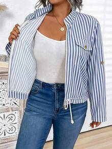 Momelise Plus Size Striped Pocket Zipper Hem Drawstring Jacket Fall - Blue - View 6