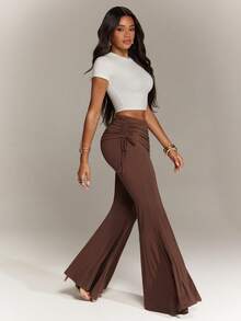 Denimoi Fold Over Waist Flare Pants Summer Outfits Euro Summer Vacation Fashion Bottoms Fashion Pants - Brown - View 1