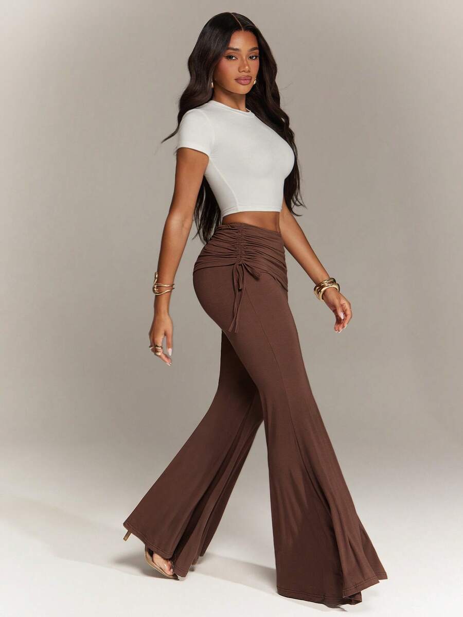 Denimoi Fold Over Waist Flare Pants Summer Outfits Euro Summer Vacation Fashion Bottoms Fashion Pants - Brown - View 1