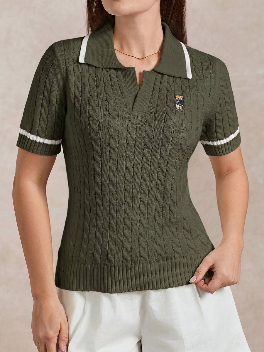 Briarwyn 女款時尚熊刺繡短袖針織上衣，適合日常穿著 - 軍綠色 - 查看 1