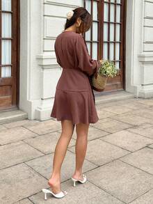 Serisse Women's Solid Color V-Neck Pleated Casual Daily Wear Dress,Fall/Winter ,Formal ,Business ,Chic ,Back To School,Christmas,New Year ,Going Out - Apricot - View 8