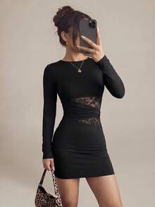 SHEIN PETITE Women's Elegant Sexy Black Lace Stitching Bodycon Mini Dress For Autumn, Date Night Club, Night Out, Party Outfits, Formal Wedding Guest, Petite Women - Black - View 5