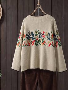 Rusticease Plus Size Women's Floral Pattern Single-Breasted Casual Daily Cardigan Winter - Apricot - View 2