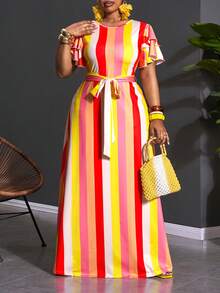 SHEIN CURVE+ 2026夏季新款，加大码女士条纹印花荷叶袖连衣裙，适合度假、日常约会、春季外出。这款飘逸的荷叶袖长裙采用条纹设计，色彩鲜艳，是女士度假的理想之选。 - 彩色 - 查看 6