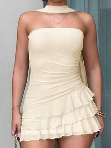 leahseptember Vestido bandeau de unicolor con volantes en el bajo para mujer, vestidos de verano elegantes para mujer - Albaricoque - Ver 6
