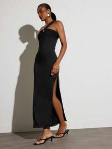 KSTM Asymmetrical One-Shoulder Draped Maxi Dress With Black Hardware Detail And Side Slit Evening Gown Night Out Summer Sexy - Black - View 5