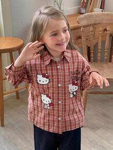 HELLO KITTY | DAZY Turn-Down Collar Plaid KT Cat Pattern Long Sleeve Autumn Blouse For Young Girls' - Red - View 8