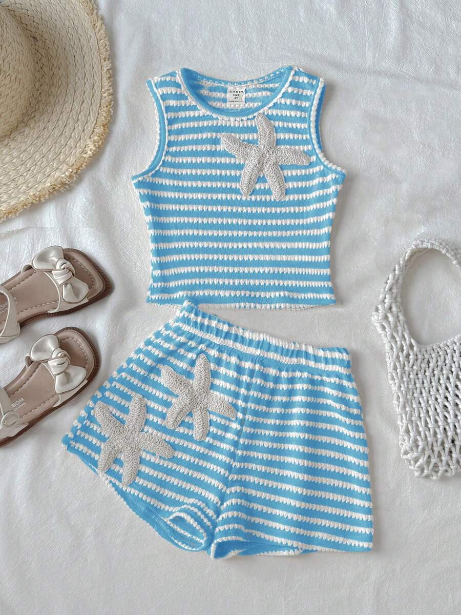 SHEIN 青少女條紋海星裝飾圓領上衣與短褲2件套度假穿搭,夏季服飾 - 藍白色 - 查看 1