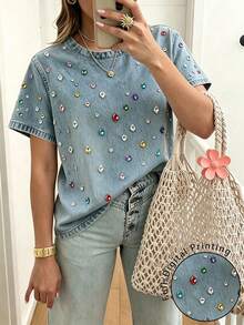 EMERY ROSE Kaos Wanita Lengan Pendek Kerah Bulat Motif Berlian Imitasi Warna-warni, Cocok untuk Belanja Sehari-hari dan Kencan dengan Sahabat, Potongan Slim Fit untuk Gaya Kasual Musim Panas - MultiWarna - View 1