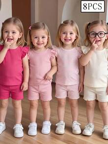SHEIN Playful Pals 8件組 0-3歲女嬰多巴胺色系夏季可愛親子套裝 條紋針織短袖上衣 & 短褲套裝 休閒日常外出套裝 - 彩色 - 查看 2