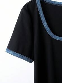EMERY ROSE Nuevo conjunto de 2 piezas de top de manga corta y pantalones largos con estampado de mezclilla y ribete de contraste, ajuste ceñido para mujer, adecuado para el uso diario, vacaciones y el lugar de trabajo - Negro - Ver 7